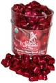 Dark chocolate cherry truffle hearts wrapped in burgundy foil in a three pound tub, approximately 110 pieces. 